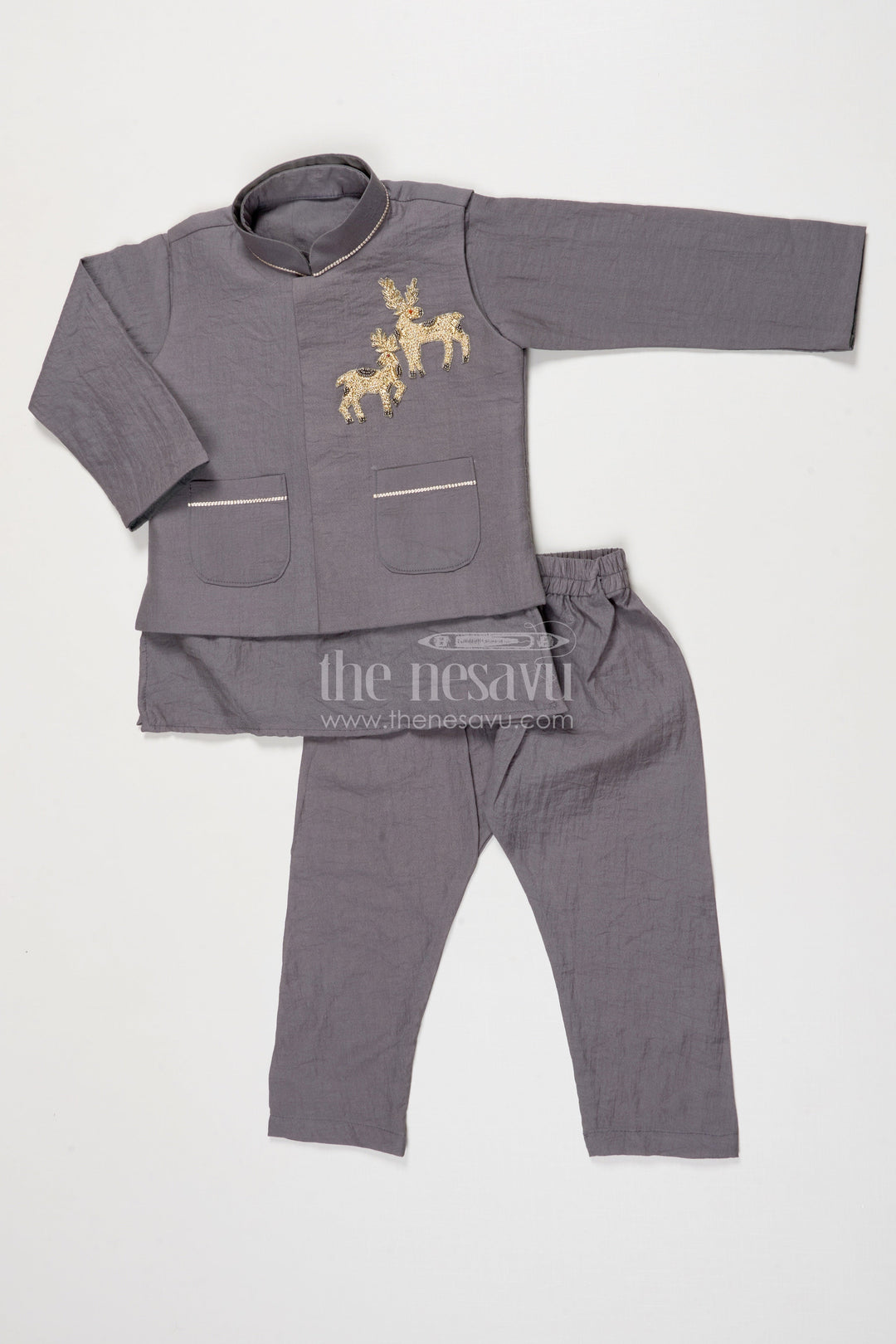 The Nesavu Boys Jacket Sets Boys Embroidered Jacket Set for Formal Functions and Ethnic Days Nesavu 16 (1Y) / Gray BES737D-16 Nesavu boys embroidered jacket kurta set formal events traditional school functions