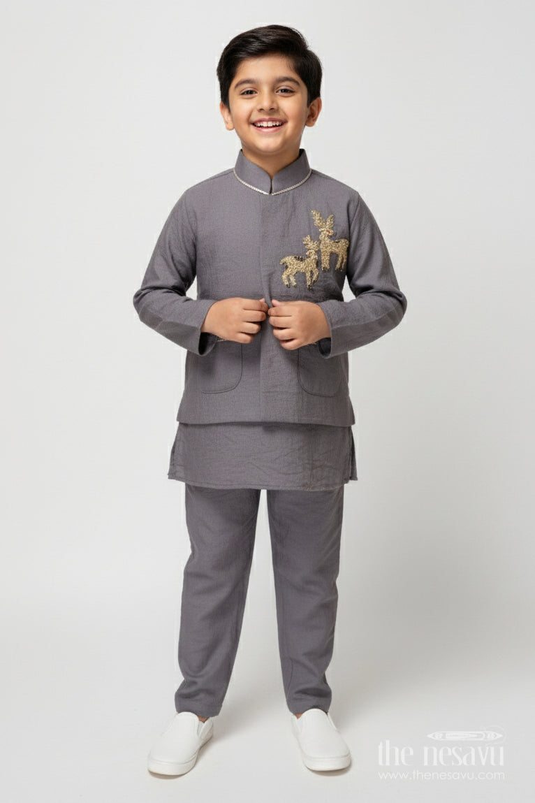 The Nesavu Boys Jacket Sets Boys Embroidered Jacket Set for Formal Functions and Ethnic Days Nesavu 16 (1Y) / Gray BES737D-16 Nesavu boys embroidered jacket kurta set formal events traditional school functions