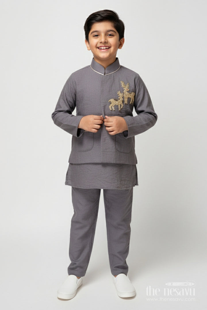 The Nesavu Boys Jacket Sets Boys Embroidered Jacket Set for Formal Functions and Ethnic Days Nesavu 16 (1Y) / Gray BES737D-16 Nesavu boys embroidered jacket kurta set formal events traditional school functions