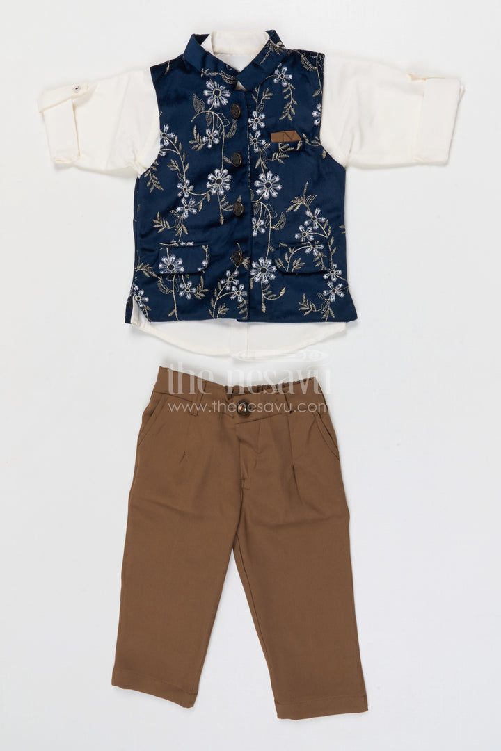 The Nesavu Boys Jacket Sets Boys Embroidered Jacket Set for Weddings and Festive Celebrations Nesavu 16 (1Y) / Blue / Cotton BES958B-16 Nesavu boys cotton cambric embroidered jacket set for weddings family celebrations and festive occasions