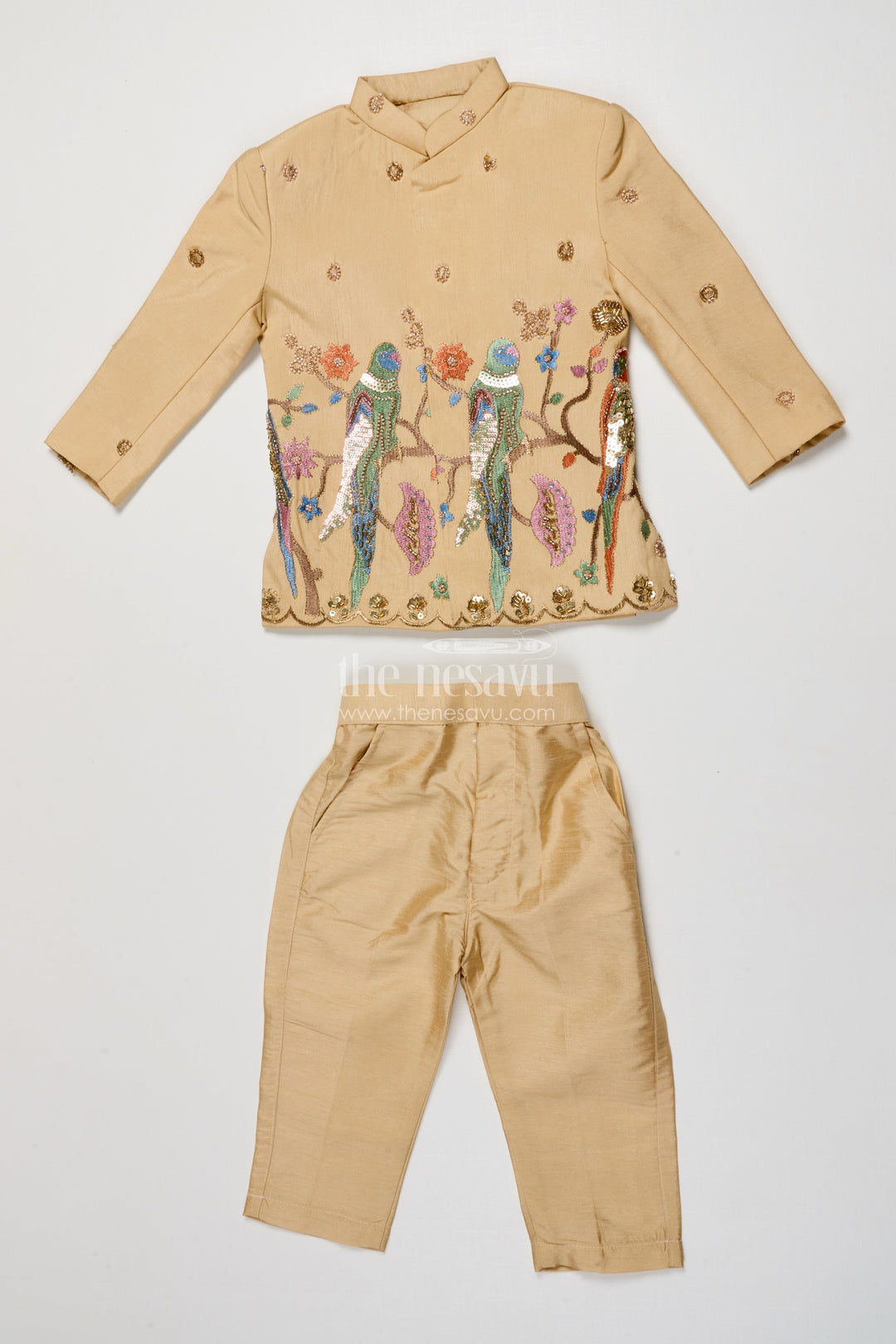 The Nesavu Boys Jacket Sets Boys Embroidered Jacket Set with Parrot Motif for Weddings and Stage Events Nesavu 16 (1Y) / Cream BES863A-16 Nesavu boys embroidered jacket set parrot motif weddings festive stage performances