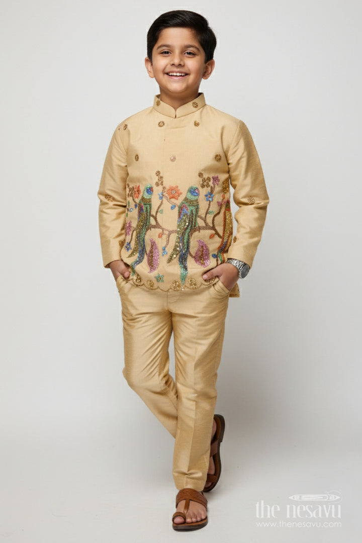 The Nesavu Boys Jacket Sets Boys Embroidered Jacket Set with Parrot Motif for Weddings and Stage Events Nesavu 16 (1Y) / Cream BES863A-16 Nesavu boys embroidered jacket set parrot motif weddings festive stage performances