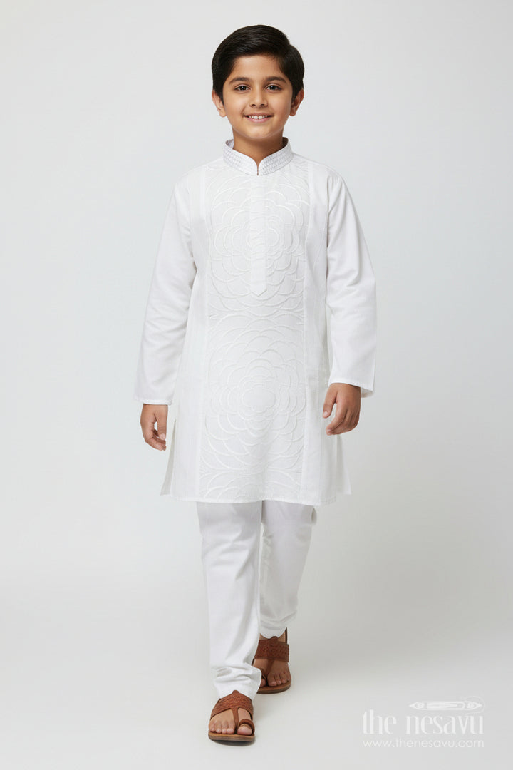 The Nesavu Boys Kurtha Set Boys Embroidered Kurta Set for Traditional Events and Temple Visits Nesavu 18 (2Y) / Cream BES765B-18 Nesavu boys cotton embroidered kurta set temple visits traditional family gatherings