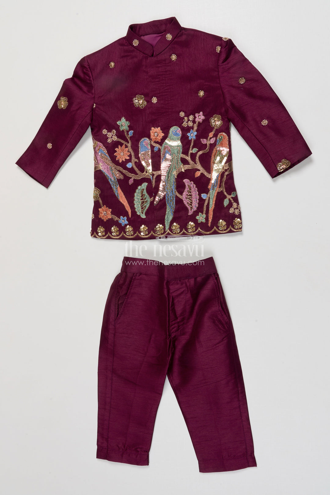 The Nesavu Boys Kurtha Set Boys Embroidered Kurta Set with Bird Motif for Festive Performances and Weddings Nesavu 16 (1Y) / Purple BES863B-16 Nesavu boys kurta set embroidered bird motif weddings festive performances