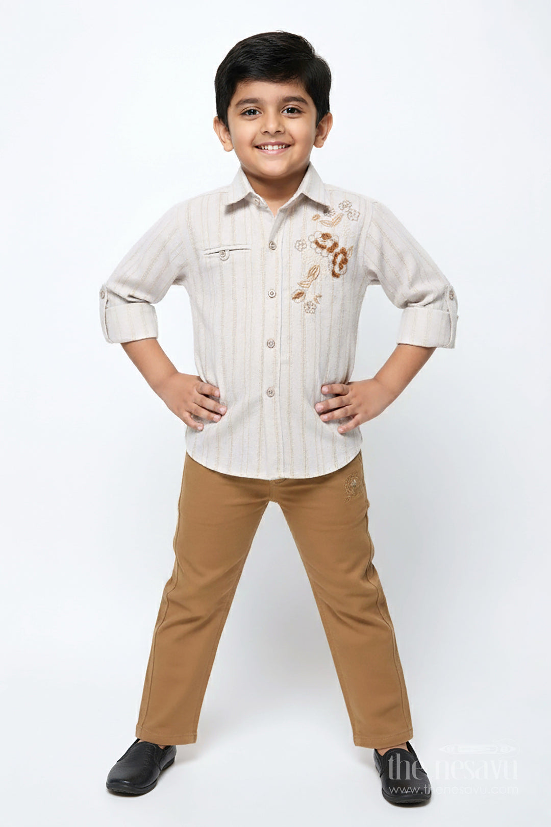 The Nesavu Boys Casual Set Boys Embroidered Shirt and Pant Set for Smart Casual and Festive Wear Nesavu 20 (3Y) / Cream BCS467A-20 Nesavu boys cotton shirt pant set embroidery casual festive occasions