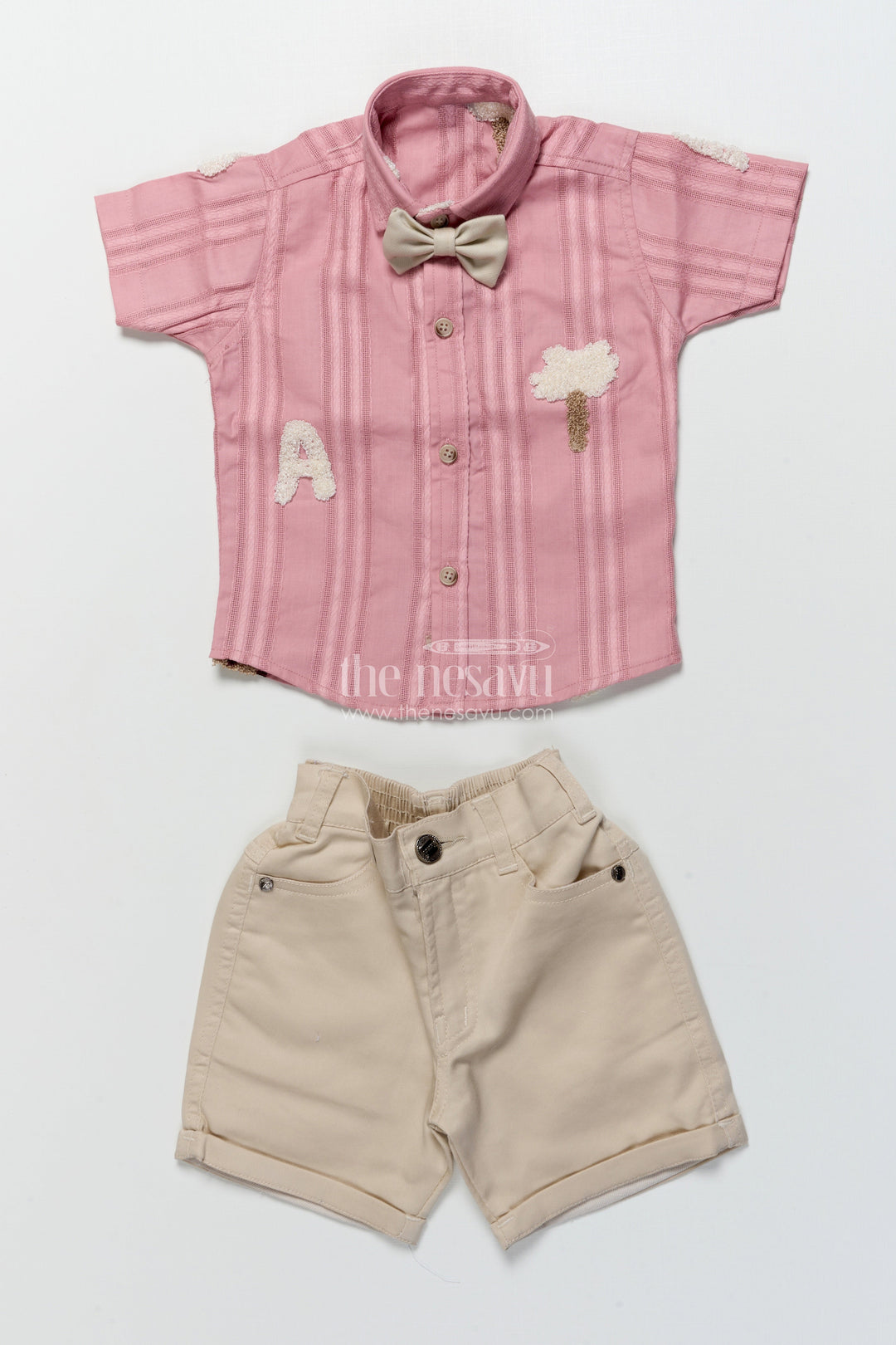 The Nesavu Boys Casual Set Boys Embroidered Shirt and Shorts Outfit for Birthdays and Family Events Nesavu 14 (6M) / Peach BCS447B-14 Nesavu boys embroidered cotton outfit bow tie birthdays casual family events