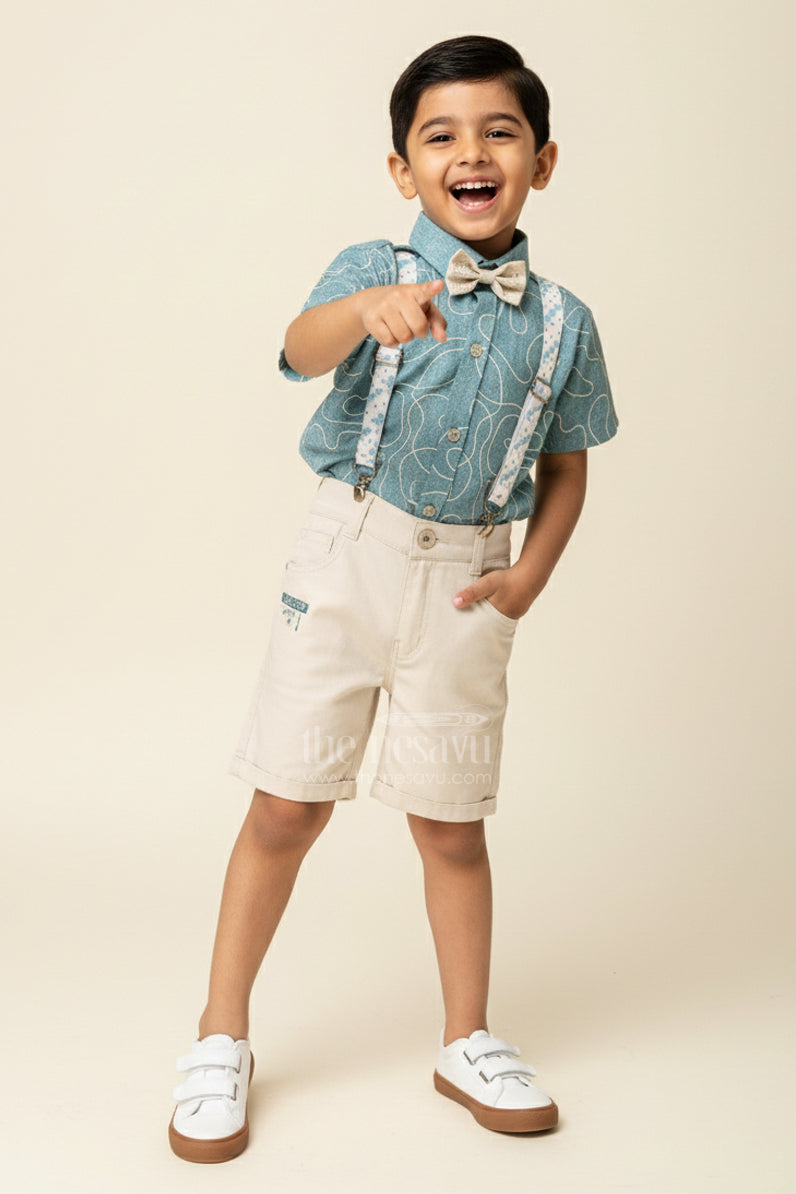 The Nesavu Boys Casual Set Boys Embroidered Suspender Set for Birthday Celebrations Nesavu 14 (6M) / Green BCS416A-14 Nesavu boys embroidered cotton suspender outfit bow tie festive birthday celebrations