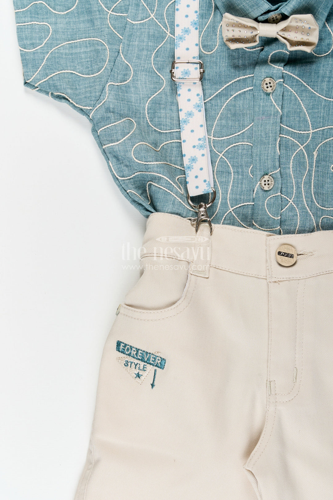 The Nesavu Boys Casual Set Boys Embroidered Suspender Set for Birthday Celebrations Nesavu Nesavu boys embroidered cotton suspender outfit bow tie festive birthday celebrations