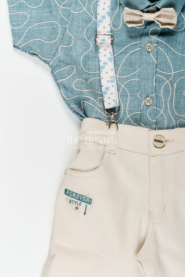 The Nesavu Boys Casual Set Boys Embroidered Suspender Set for Birthday Celebrations Nesavu Nesavu boys embroidered cotton suspender outfit bow tie festive birthday celebrations