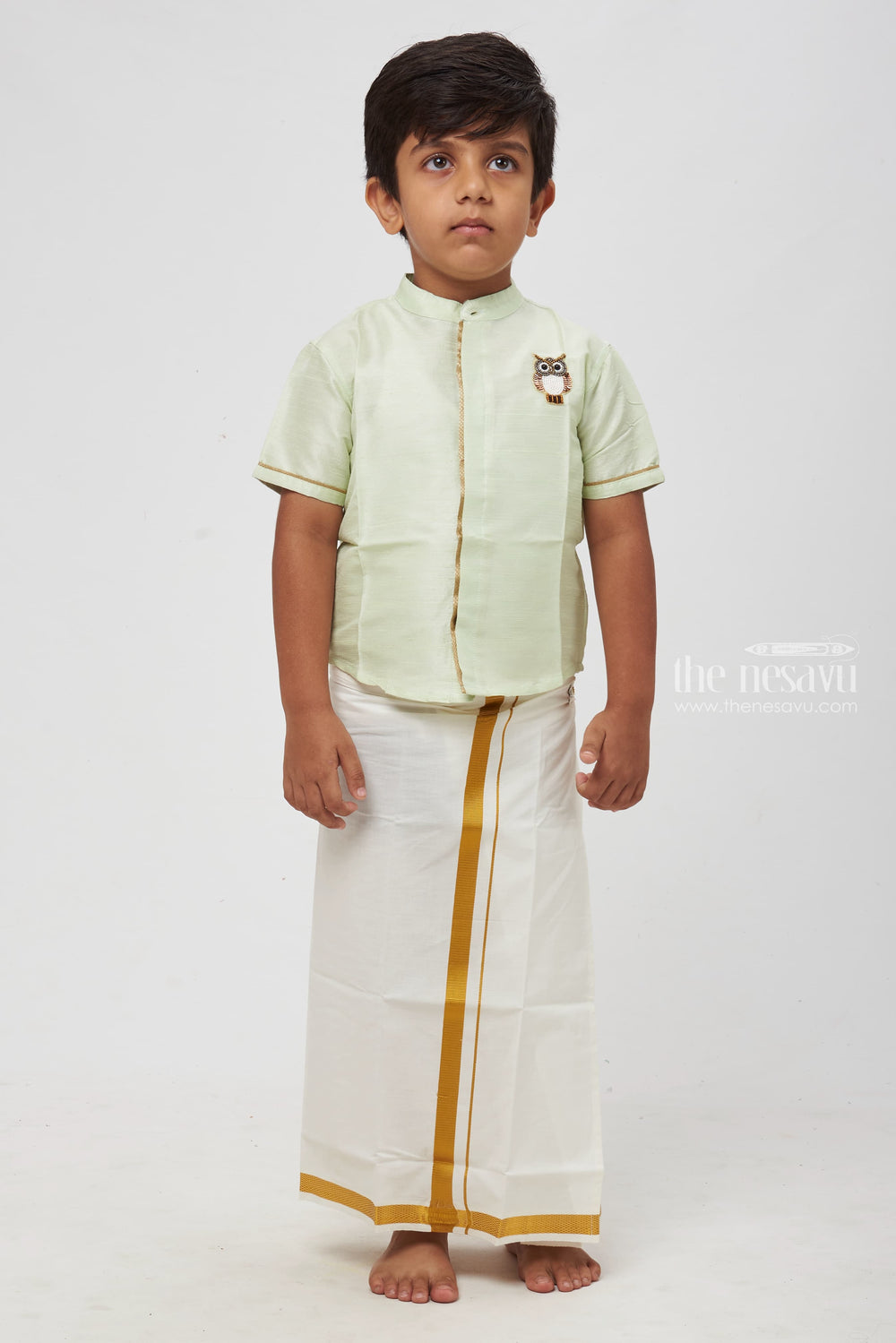 The Nesavu Boys Silk Shirt Boys Enchanted Green Silk Shirt: Adorned with Nature's Guardian Nesavu 14 (6M) / Green / Blend Silk BS104A-14 Boys Mystic Green Silk Shirt with Owl Emblem: Embrace Nature's Elegance | The Nesavu