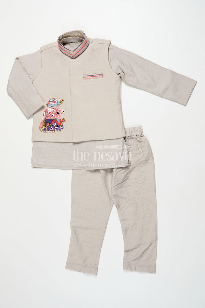 The Nesavu Boys Jacket Sets Boys Ethnic Cotton Kurta Set with Patchwork for Temple and School Functions Nesavu 18 (2Y) / White BES742D-18 Nesavu boys cotton kurta set embroidered patch temple visits ethnic celebrations