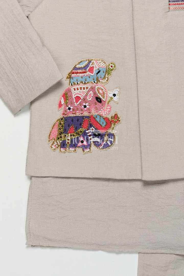 The Nesavu Boys Jacket Sets Boys Ethnic Cotton Kurta Set with Patchwork for Temple and School Functions Nesavu Nesavu boys cotton kurta set embroidered patch temple visits ethnic celebrations