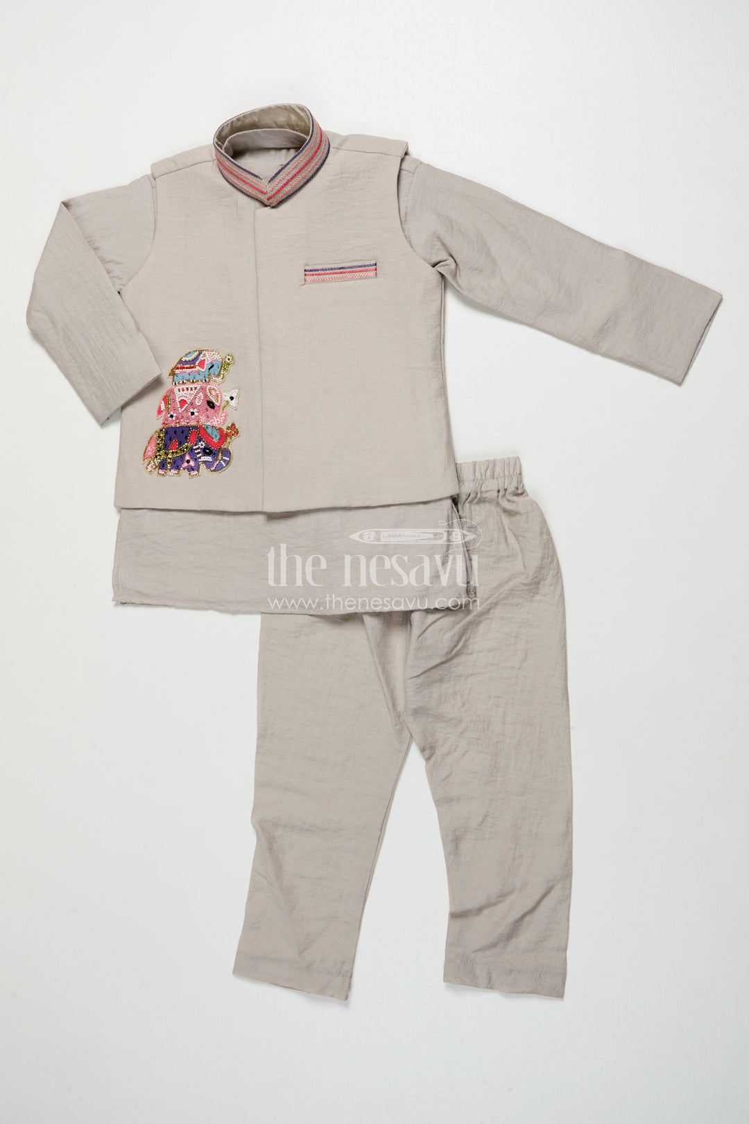 The Nesavu Boys Jacket Sets Boys Ethnic Cotton Kurta Set with Patchwork for Temple and School Functions Nesavu Nesavu boys cotton kurta set embroidered patch temple visits ethnic celebrations