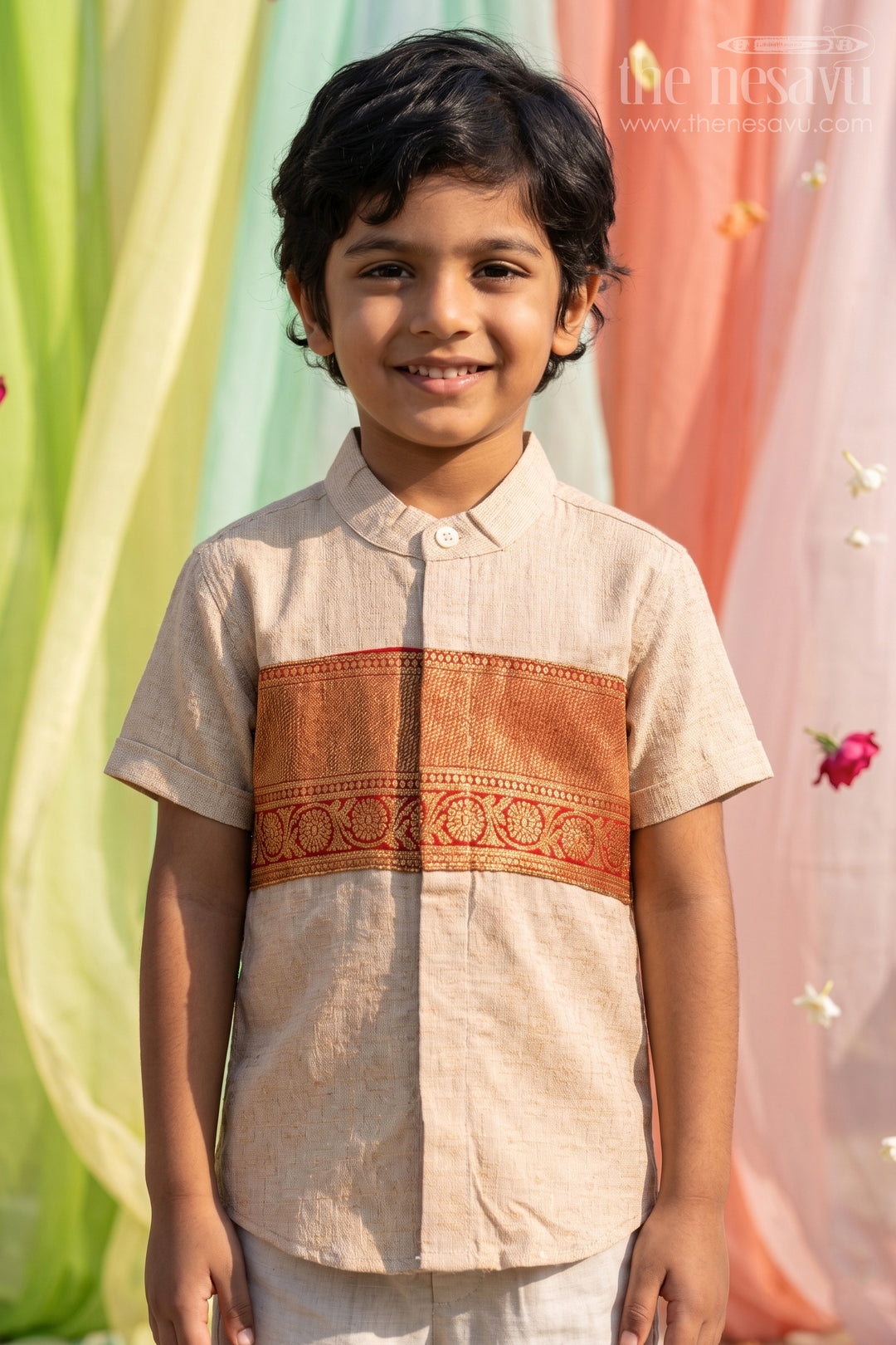The Nesavu Boys Cotton Shirt Boys Ethnic Cotton Shirt for Pooja Functions and Traditional Styling Nesavu 16 (1Y) / Beige / Cotton BS495A-16 Nesavu Boys Ethnic Cotton Shirt With Baithani Border For Pooja Functions And Festive Wear