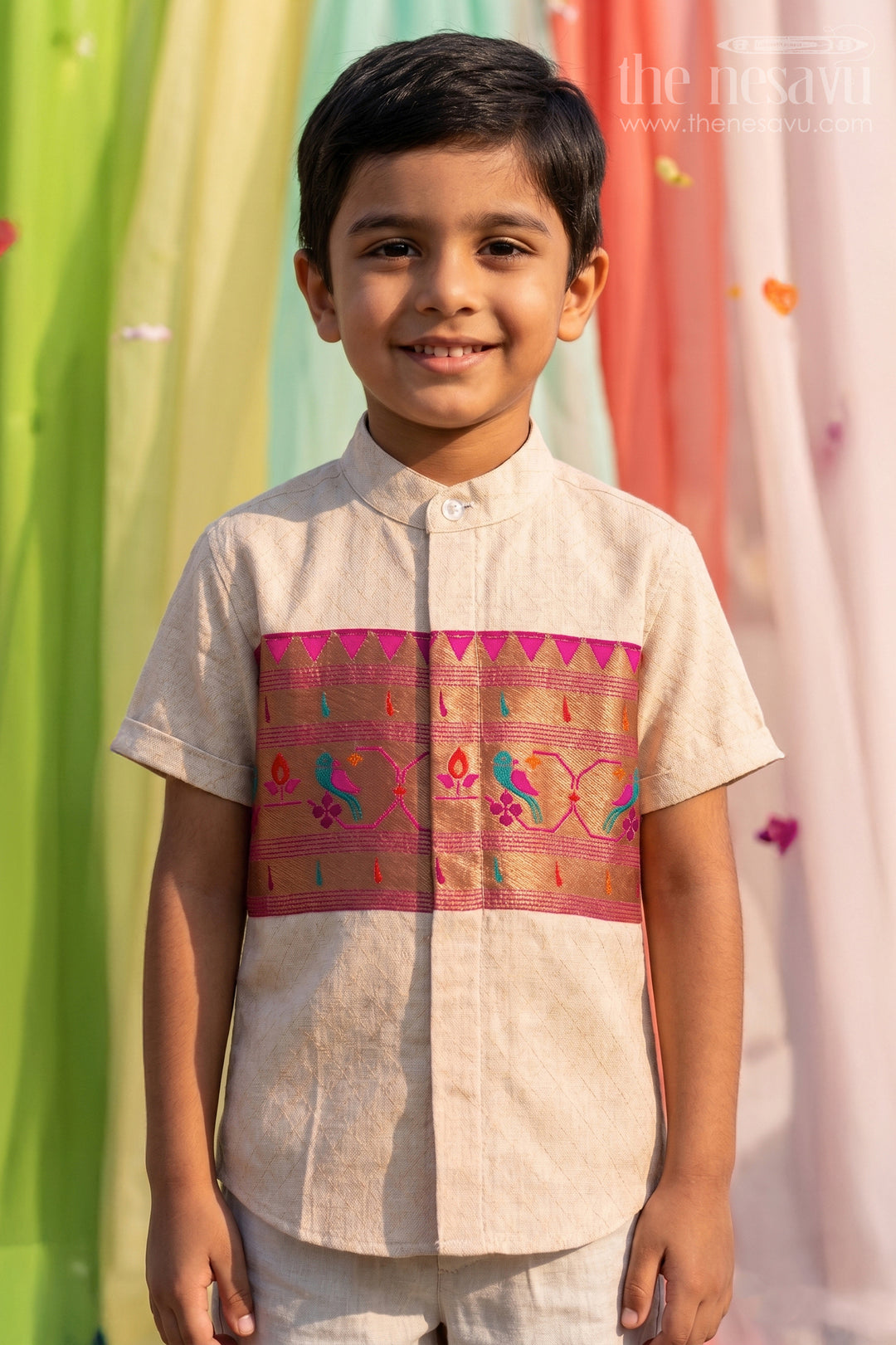 The Nesavu Boys Cotton Shirt Boys Ethnic Cotton Shirt with Baithani Border for Festive Occasions Nesavu 16 (1Y) / Beige / Cotton BS491A-16 Nesavu Boys Cotton Shirt With Baithani Border For Festive Occasions And Ethnic Wear
