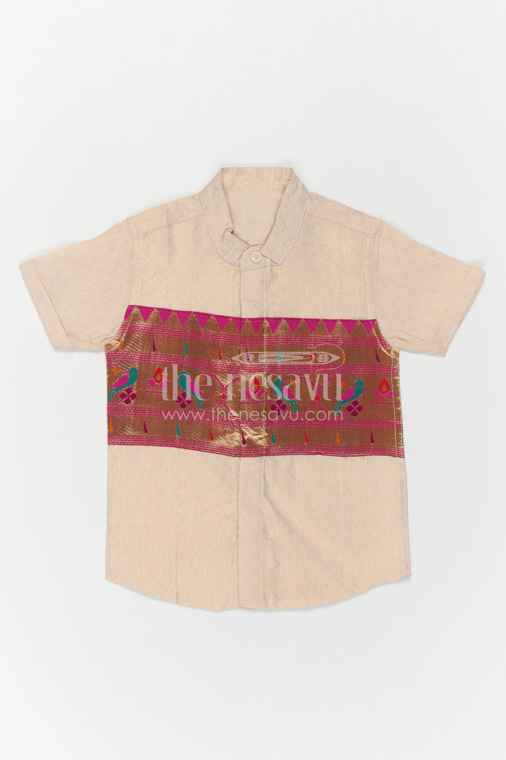 The Nesavu Boys Cotton Shirt Boys Ethnic Cotton Shirt with Baithani Border for Festive Occasions Nesavu Nesavu Boys Cotton Shirt With Baithani Border For Festive Occasions And Ethnic Wear