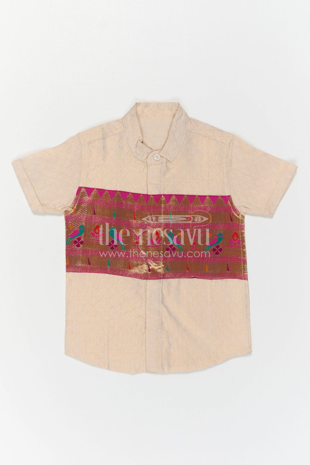 The Nesavu Boys Cotton Shirt Boys Ethnic Cotton Shirt with Baithani Border for Festive Occasions Nesavu Nesavu Boys Cotton Shirt With Baithani Border For Festive Occasions And Ethnic Wear
