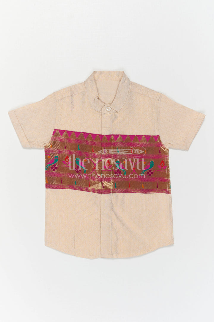 The Nesavu Boys Cotton Shirt Boys Ethnic Cotton Shirt with Baithani Border for Festive Occasions Nesavu Nesavu Boys Cotton Shirt With Baithani Border For Festive Occasions And Ethnic Wear
