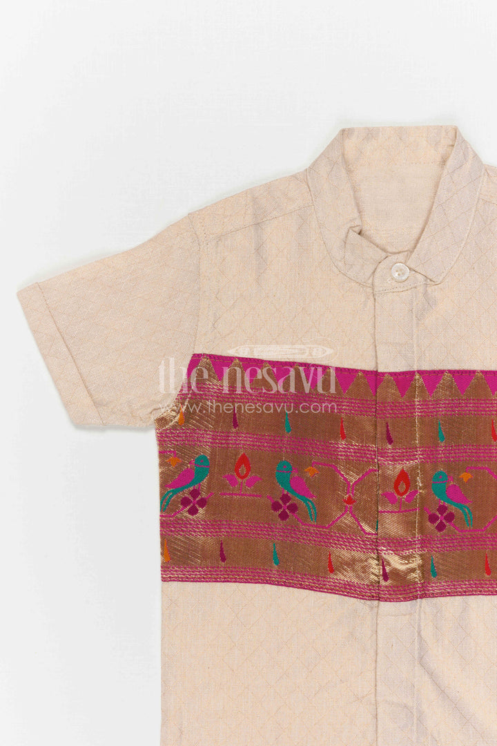 The Nesavu Boys Cotton Shirt Boys Ethnic Cotton Shirt with Baithani Border for Festive Occasions Nesavu Nesavu Boys Cotton Shirt With Baithani Border For Festive Occasions And Ethnic Wear