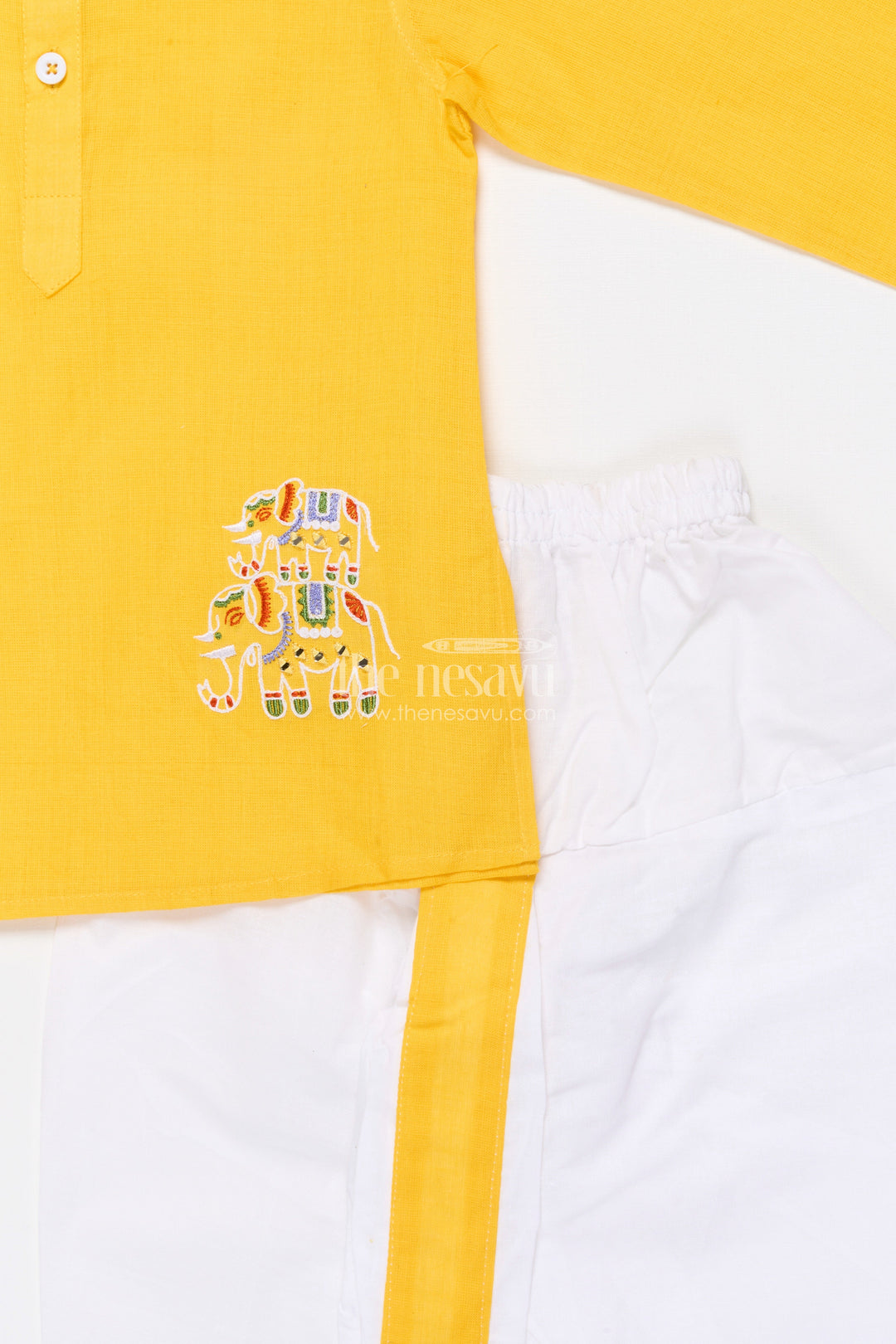 The Nesavu Boys Dothi Set Boys Ethnic Dhoti Kurta Set for Festive Occasions and Rituals Nesavu Nesavu boys handloom cotton dhoti kurta set embroidery festive rituals weddings