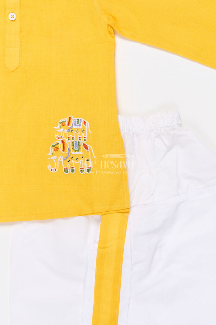 The Nesavu Boys Dothi Set Boys Ethnic Dhoti Kurta Set for Festive Occasions and Rituals Nesavu Nesavu boys handloom cotton dhoti kurta set embroidery festive rituals weddings