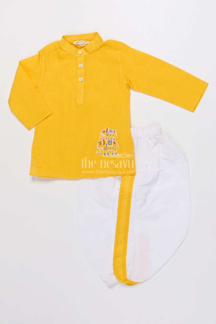 The Nesavu Boys Dothi Set Boys Ethnic Dhoti Kurta Set for Festive Occasions and Rituals Nesavu Nesavu boys handloom cotton dhoti kurta set embroidery festive rituals weddings