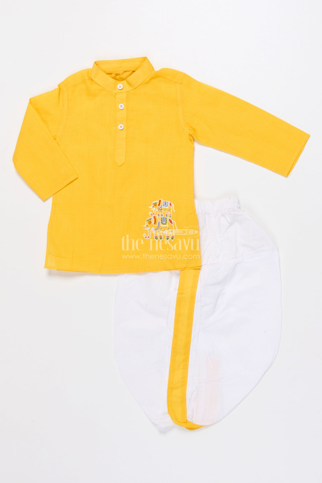 The Nesavu Boys Dothi Set Boys Ethnic Dhoti Kurta Set for Festive Occasions and Rituals Nesavu Nesavu boys handloom cotton dhoti kurta set embroidery festive rituals weddings