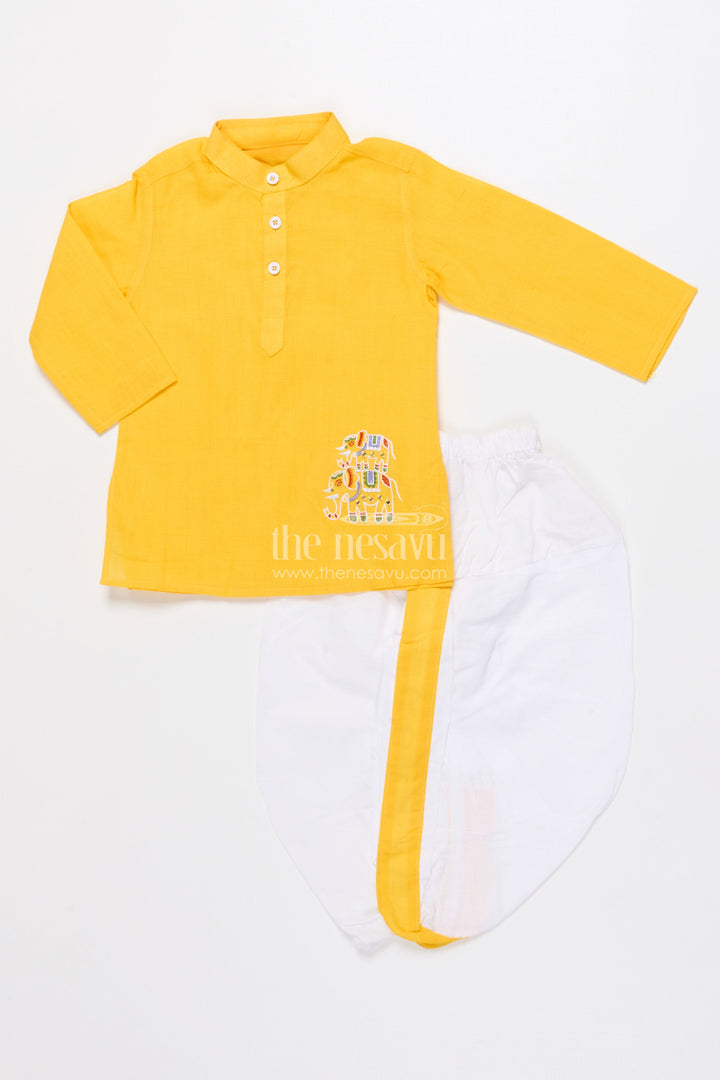 The Nesavu Boys Dothi Set Boys Ethnic Dhoti Kurta Set for Festive Occasions and Rituals Nesavu Nesavu boys handloom cotton dhoti kurta set embroidery festive rituals weddings