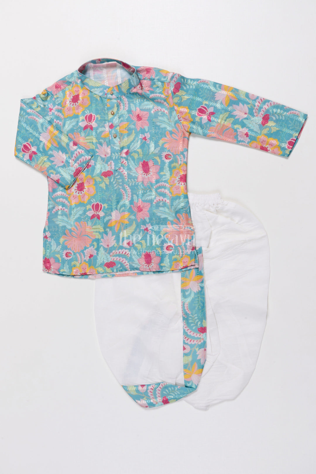 The Nesavu Boys Dothi Set Boys Ethnic Dhoti Kurta Set with Printed Detailing for Festivals Nesavu 14 (6M) / Green BES923B-14 Nesavu boys digital printed dhoti kurta silk cotton cultural functions festive occasions