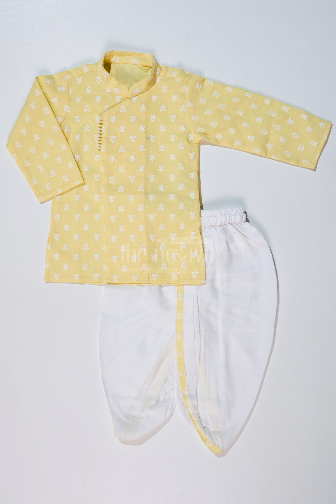 The Nesavu Boys Dothi Set Boys Ethnic Dhoti Kurti Style in Yellow and White with Chikankari Embroidery Nesavu 16 (1Y) / Yellow BES630A-16 Boys Cotton Dhoti Kurti Yellow White Chikankari Embroidery | The Nesavu