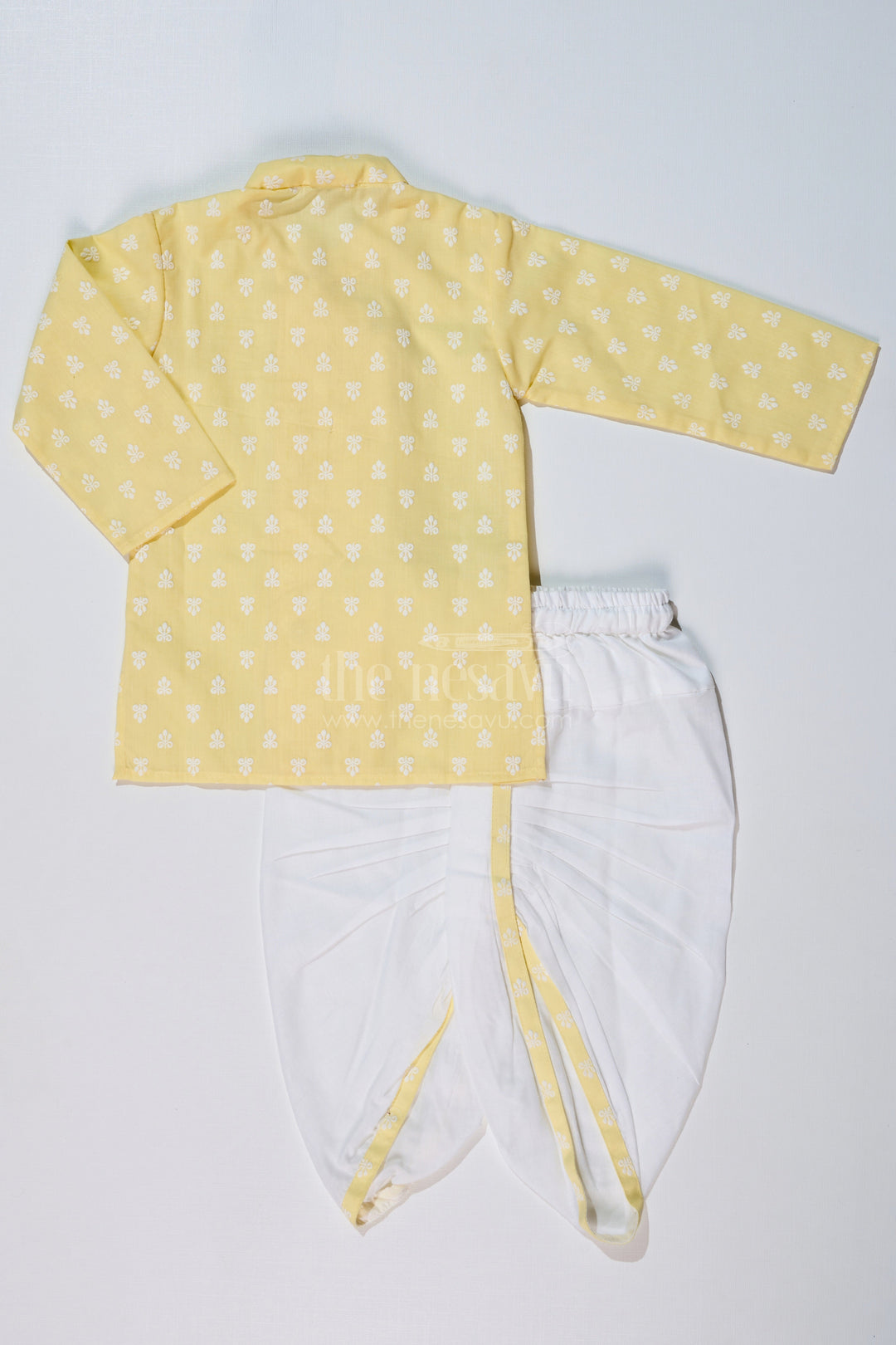 The Nesavu Boys Dothi Set Boys Ethnic Dhoti Kurti Style in Yellow and White with Chikankari Embroidery Nesavu Boys Cotton Dhoti Kurti Yellow White Chikankari Embroidery | The Nesavu