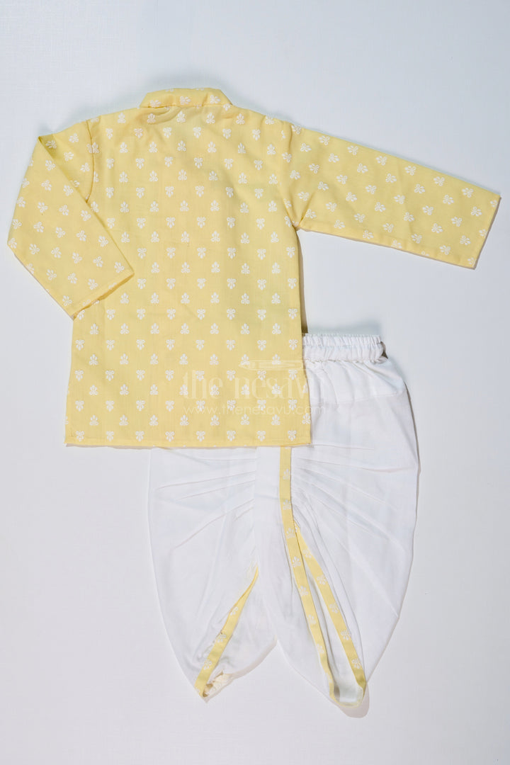 The Nesavu Boys Dothi Set Boys Ethnic Dhoti Kurti Style in Yellow and White with Chikankari Embroidery Nesavu Boys Cotton Dhoti Kurti Yellow White Chikankari Embroidery | The Nesavu