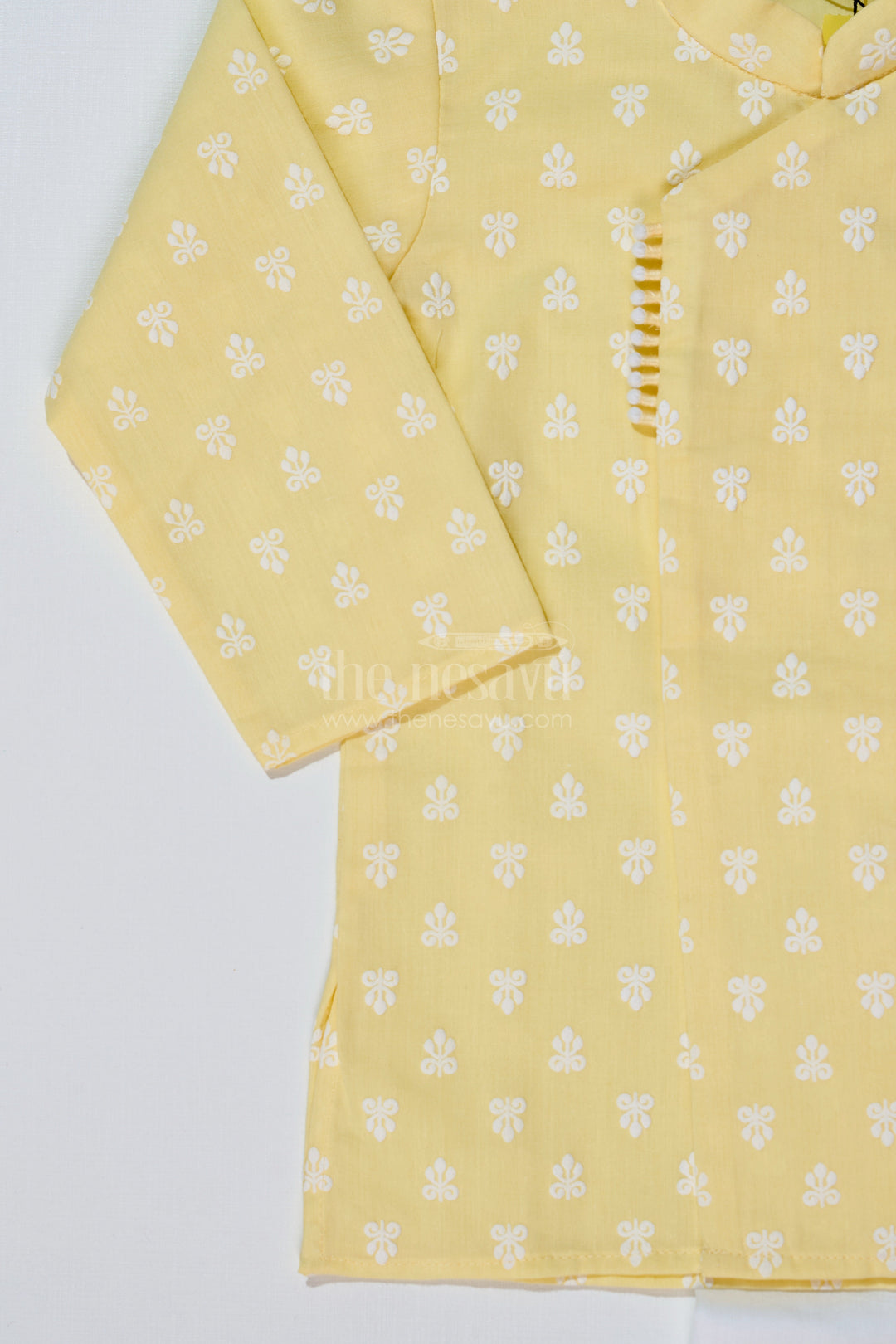 The Nesavu Boys Dothi Set Boys Ethnic Dhoti Kurti Style in Yellow and White with Chikankari Embroidery Nesavu Boys Cotton Dhoti Kurti Yellow White Chikankari Embroidery | The Nesavu