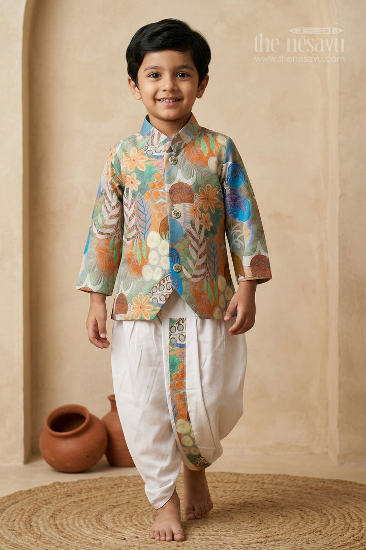The Nesavu Boys Dothi Set Boys Ethnic Dhoti Set for Festive Celebrations and Family Functions Nesavu 10 (NB) / Multicolor / Viscose Silk BES962A-10 Nesavu boys festive dhoti set with digital print top for temple visits and cultural celebrations