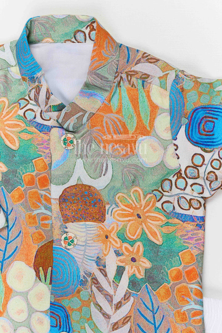 The Nesavu Boys Dothi Set Boys Ethnic Dhoti Set for Festive Celebrations and Family Functions Nesavu Nesavu boys festive dhoti set with digital print top for temple visits and cultural celebrations