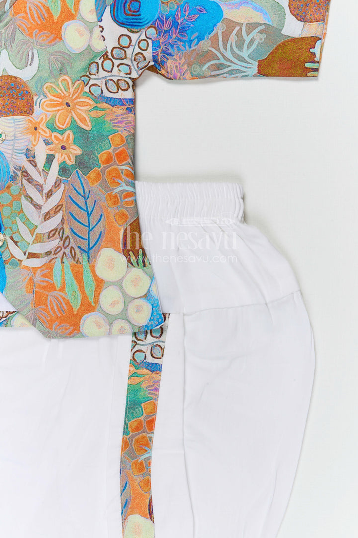 The Nesavu Boys Dothi Set Boys Ethnic Dhoti Set for Festive Celebrations and Family Functions Nesavu Nesavu boys festive dhoti set with digital print top for temple visits and cultural celebrations