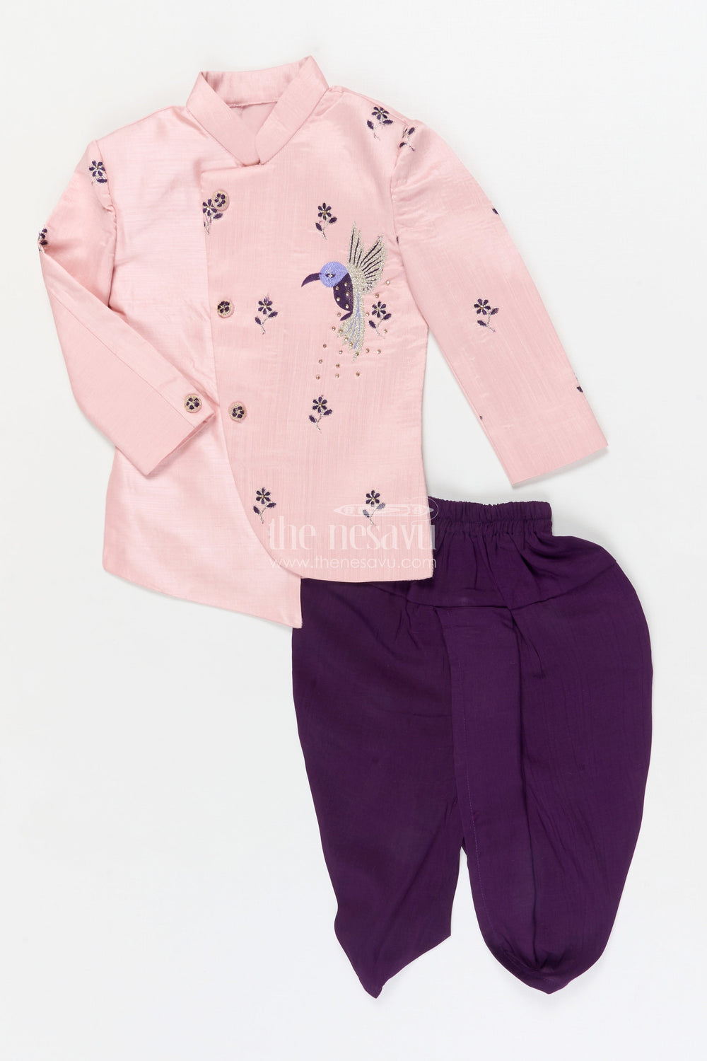 The Nesavu Boys Dothi Set Boys Ethnic Dhoti Set for Traditional Functions and Weddings Nesavu 14 (6M) / Peach / Silk Blend BES946A-14 Nesavu boys dhoti kurta set in silk blend with embroidery for weddings and traditional ceremonies