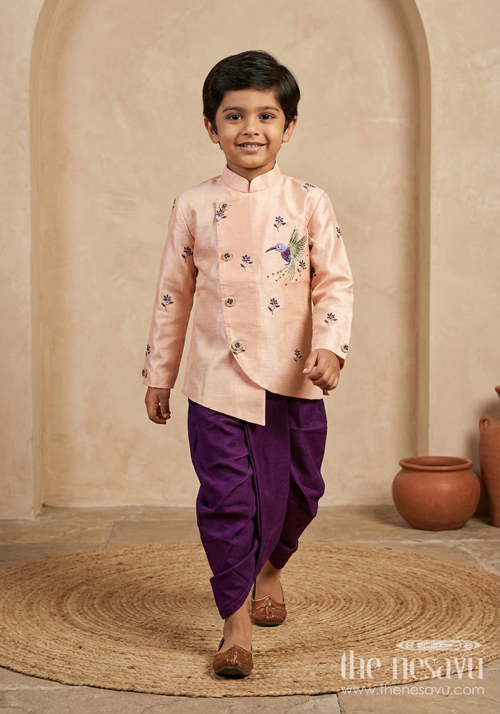 The Nesavu Boys Dothi Set Boys Ethnic Dhoti Set for Traditional Functions and Weddings Nesavu 14 (6M) / Peach / Silk Blend BES946A-14 Nesavu boys dhoti kurta set in silk blend with embroidery for weddings and traditional ceremonies