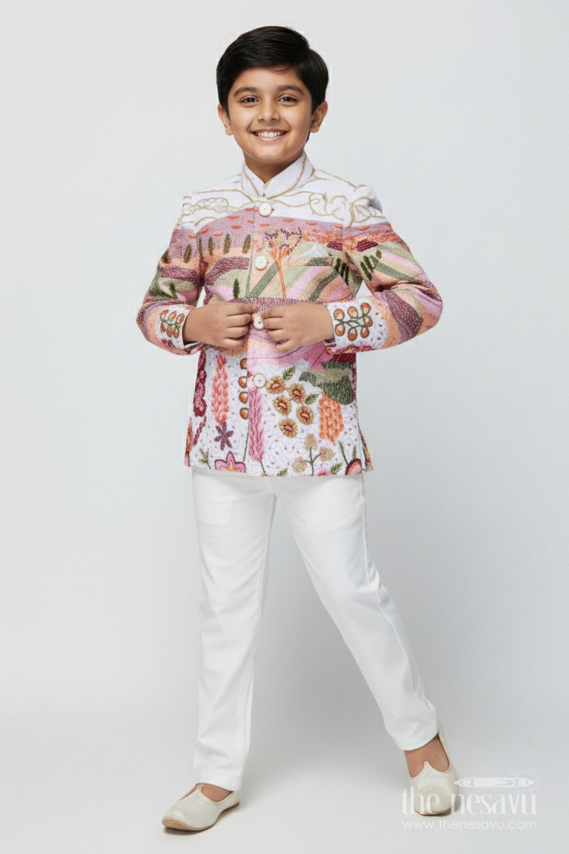 The Nesavu Boys Jacket Sets Boys Ethnic Jacket Set for Cultural Events and Functions Nesavu 14 (6M) / Half white BES882B-14 Nesavu boys ethnic jacket set silk blend designer embroidery festive occasions