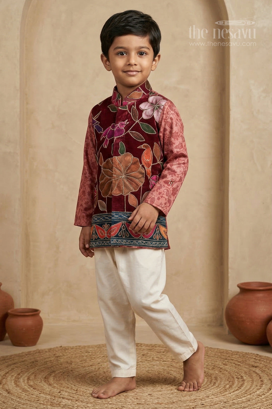 The Nesavu Boys Jacket Sets Boys Ethnic Jacket Set for Family Functions and Celebrations Nesavu 14 (6M) / Red / Viscose Silk BES950B-14 Nesavu Boys Ethnic Jacket Set For Weddings And Festive Events In Embroidered Viscose Silk