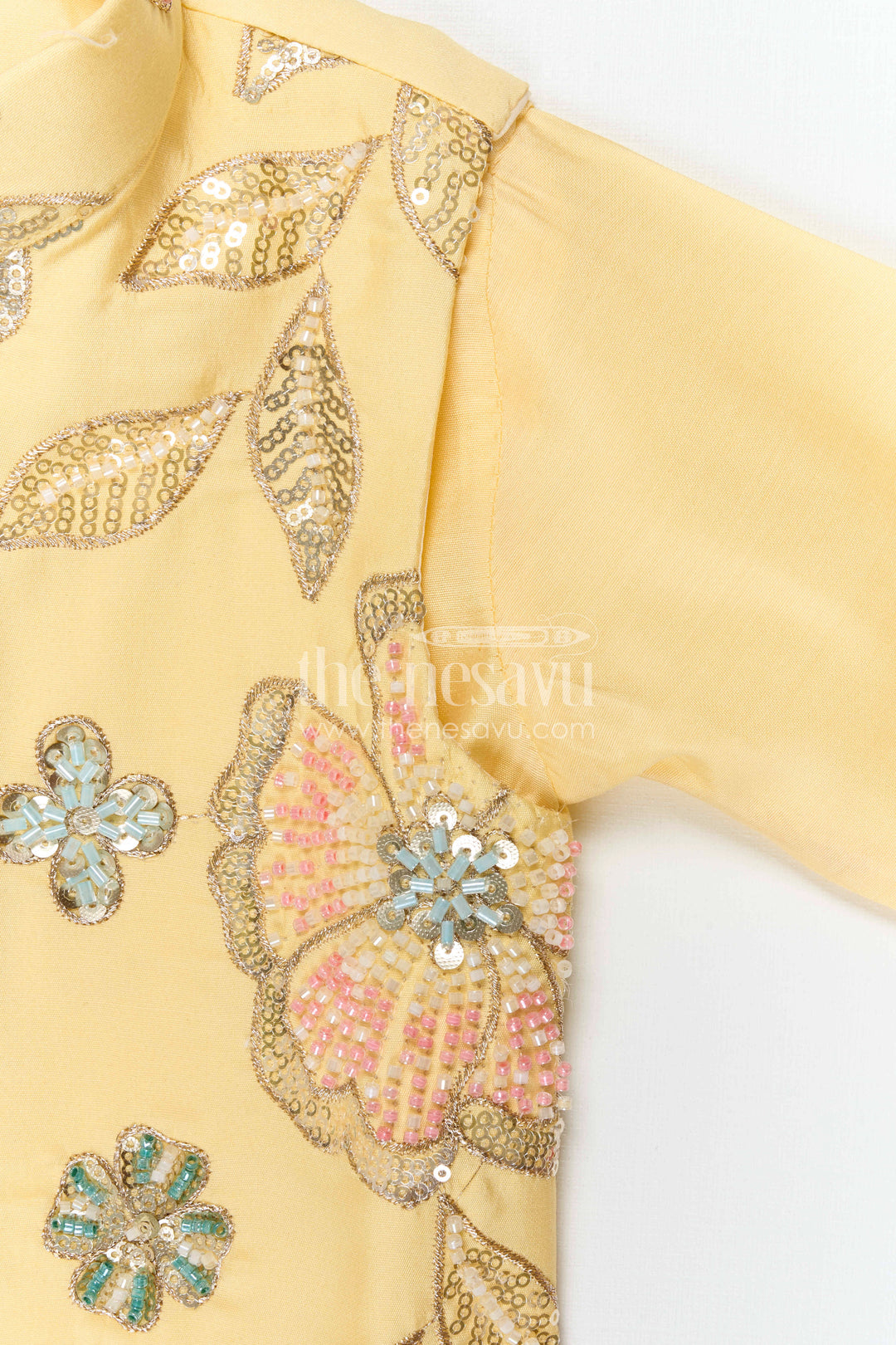 The Nesavu Boys Jacket Sets Boys Ethnic Jacket Set for Temple and Festive Celebrations Nesavu Nesavu Boys Yellow Jacket Set With Sequence Embroidery In Viscose Silk For Weddings And Festive Wear