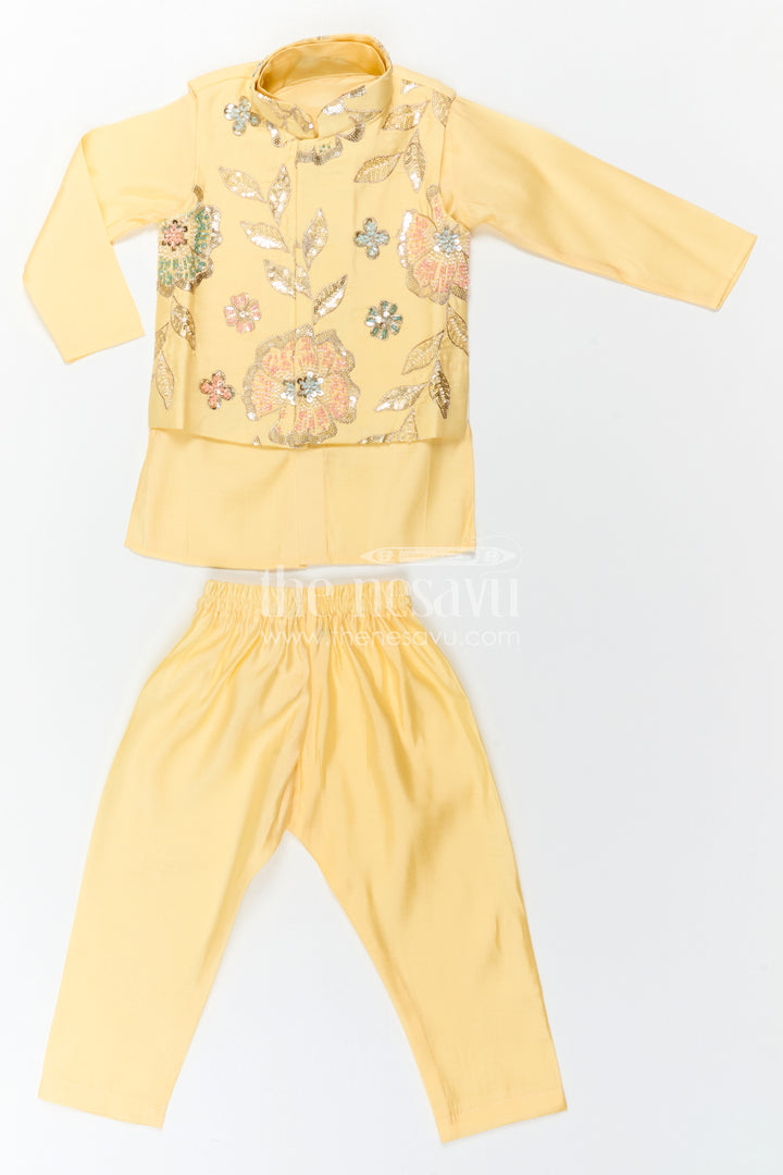 The Nesavu Boys Jacket Sets Boys Ethnic Jacket Set for Temple and Festive Celebrations Nesavu Nesavu Boys Yellow Jacket Set With Sequence Embroidery In Viscose Silk For Weddings And Festive Wear