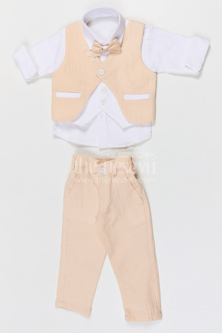 The Nesavu Boys Jacket Sets Boys Ethnic Jacket Set for Weddings and Cultural Family Functions Nesavu 12 (3M) / Beige / Muslin Cotton BCS505C-12 Nesavu boys muslin cotton ethnic jacket set for weddings festive events and cultural celebrations