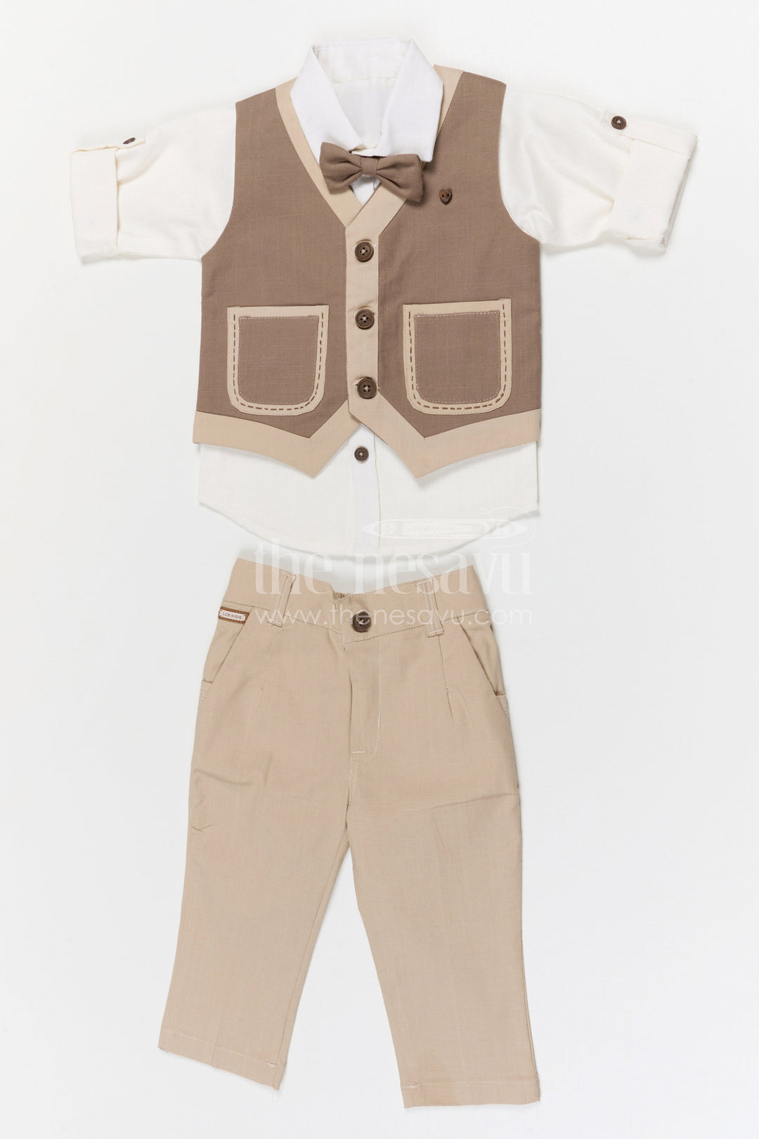 The Nesavu Boys Jacket Sets Boys Ethnic Jacket Set for Weddings and Festive Celebrations Nesavu 16 (1Y) / Beige / Cotton BCS565A-16 Nesavu boys cotton ethnic jacket set for weddings festive celebrations and family occasions