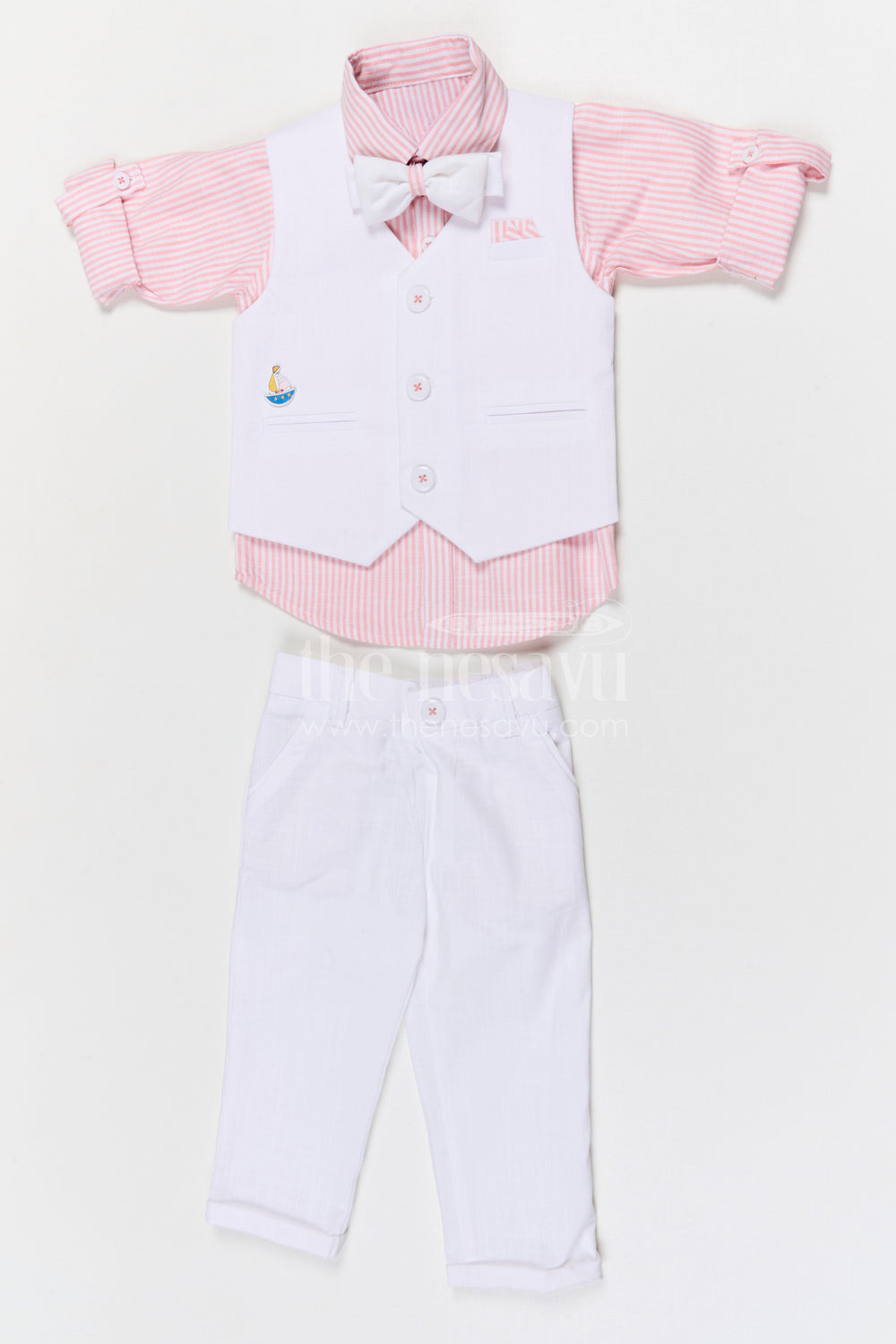 The Nesavu Boys Jacket Sets Boys Ethnic Jacket Set for Weddings and Festive Occasions Nesavu 16 (1Y) / White / Cotton BCS563A-16 Nesavu boys cotton jacket set with striped design for weddings festive occasions and family celebrations