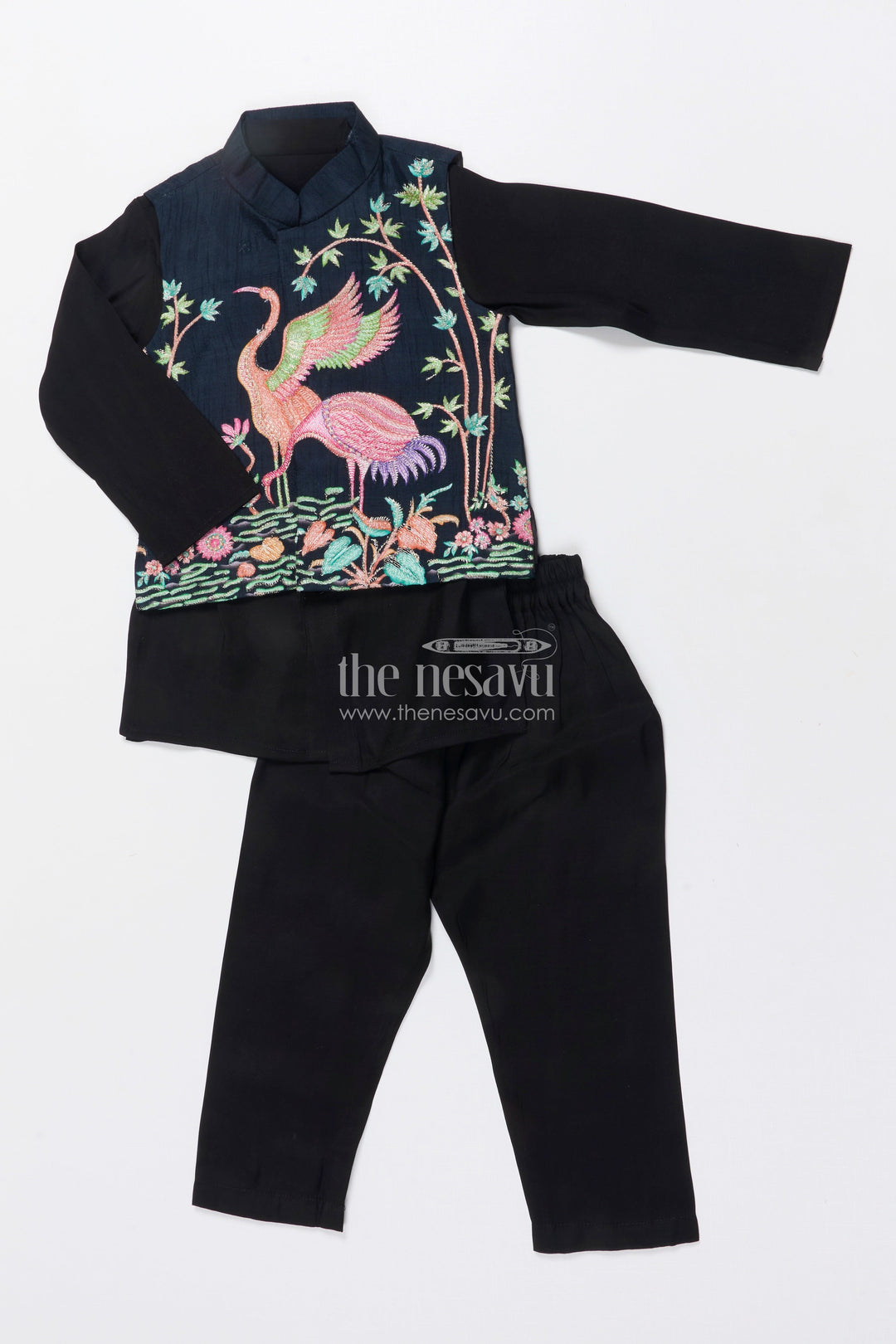 The Nesavu Boys Jacket Sets Boys Ethnic Jacket Set with Embroidered Bird Motif for Weddings and Receptions Nesavu 16 (1Y) / Black BES839B-16 Nesavu boys embroidered jacket set bird motif festive ethnic wear weddings family events
