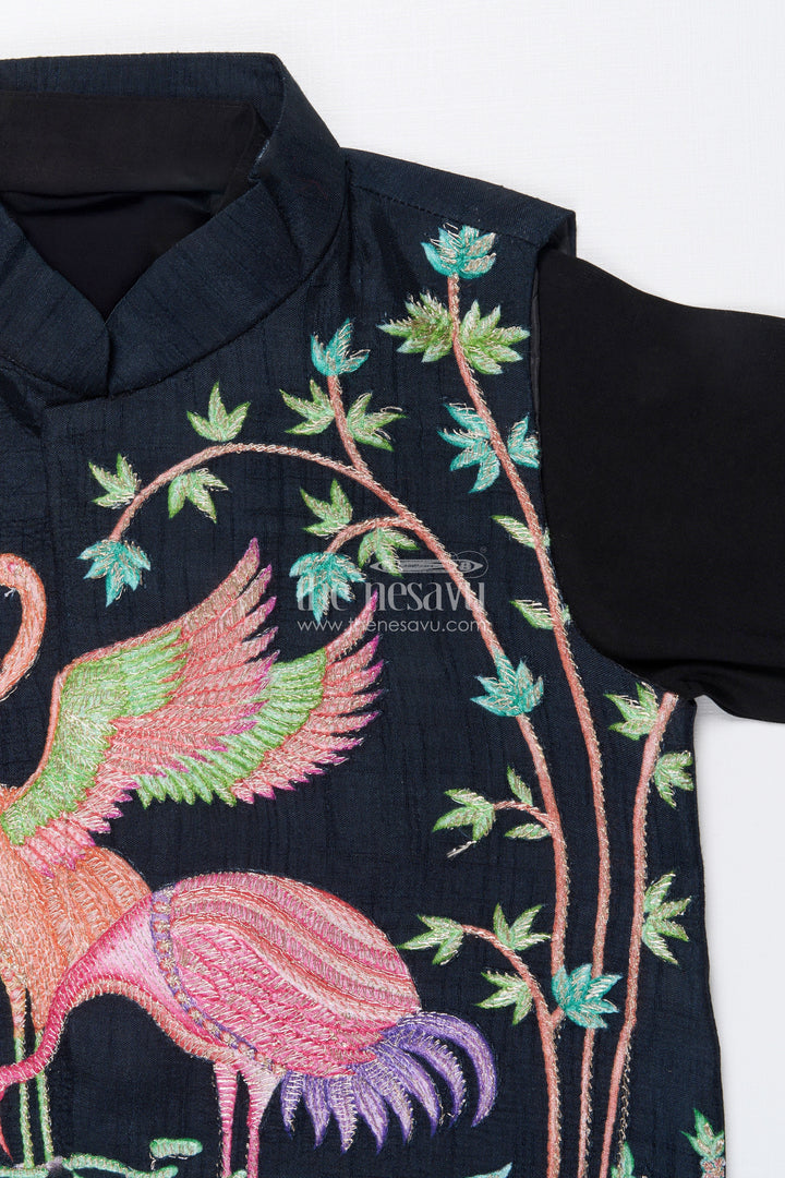 The Nesavu Boys Jacket Sets Boys Ethnic Jacket Set with Embroidered Bird Motif for Weddings and Receptions Nesavu Nesavu boys embroidered jacket set bird motif festive ethnic wear weddings family events