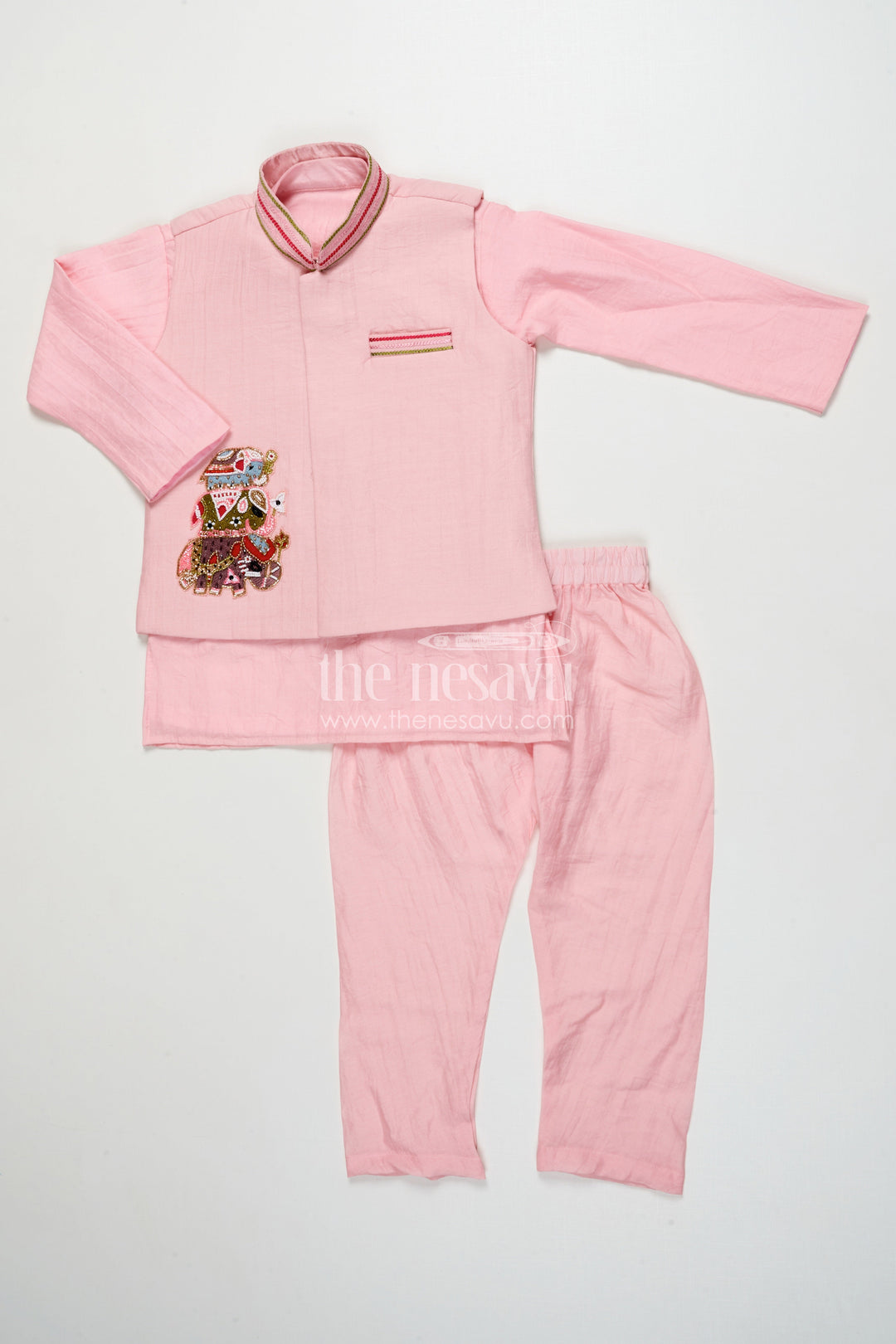 The Nesavu Boys Jacket Sets Boys Ethnic Jacket Set with Embroidered Festive Waistcoat Nesavu 18 (2Y) / Pink BES742B-18 Nesavu boys ethnic jacket set designer patch jacket cultural events festive occasions