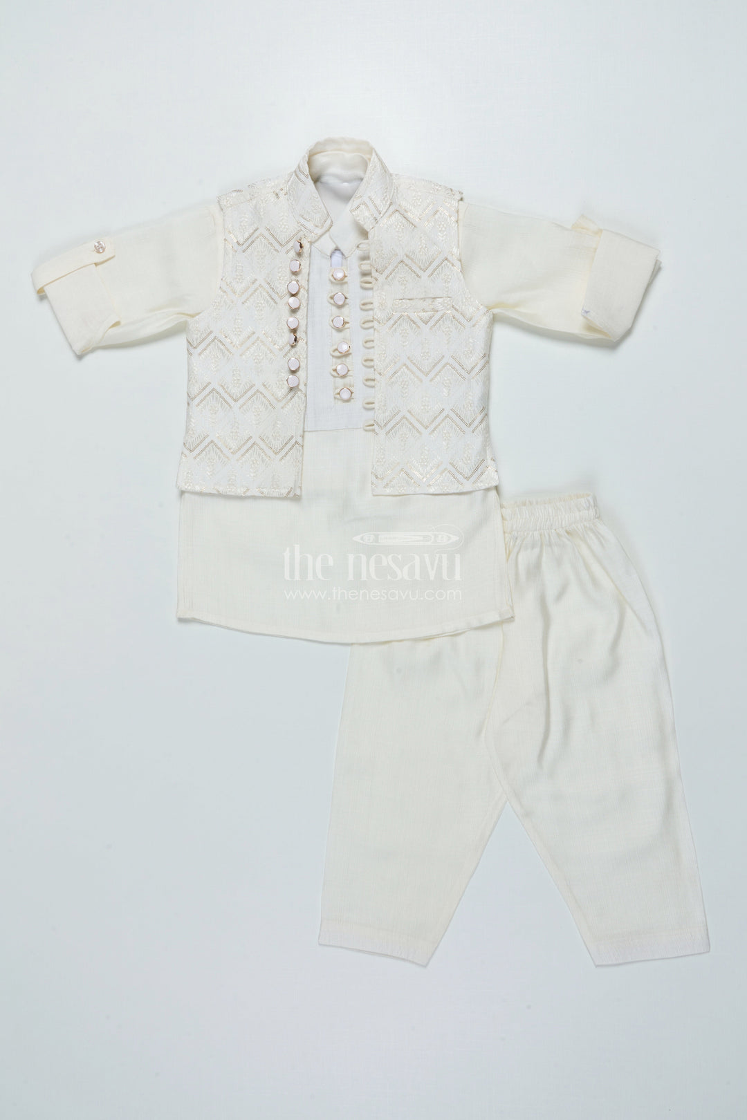 The Nesavu Boys Jacket Sets Boys Ethnic Jacket Set with Embroidered Nehru Vest for Poojas and Functions Nesavu Nesavu boys cotton ethnic jacket set embroidery traditional occasions