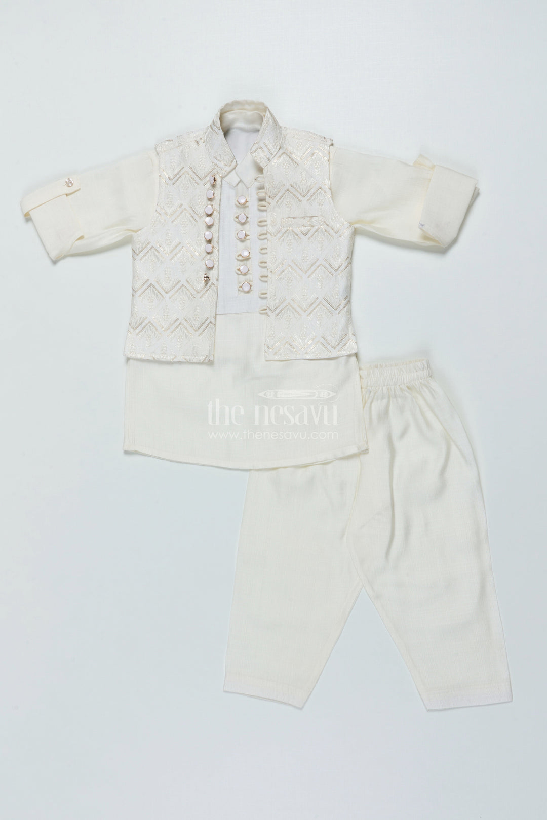 The Nesavu Boys Jacket Sets Boys Ethnic Jacket Set with Embroidered Nehru Vest for Poojas and Functions Nesavu Nesavu boys cotton ethnic jacket set embroidery traditional occasions